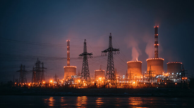 Power plant transmitting energy with cooling towers at night