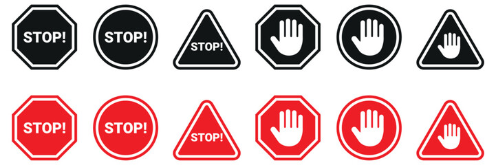 Obraz premium Vector collection of red and black stop signs and hand symbols in octagonal circular and triangular shapes