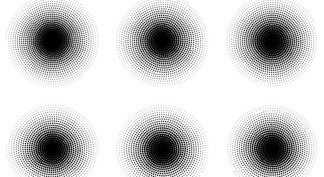 Radial halftone vortex dots pattern set with concentric circles for modern graphic background and logo design