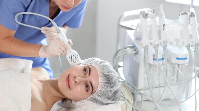 Young woman undergoing hardware facial treatment using cold hammer helping to shrink pores, repair damaged skin and relieve inflammation in modern cosmetology clinic