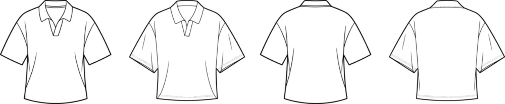 Classic polo shirt technical drawing set, short sleeve collared top with placket detail, front and back views &ndash; vector illustration