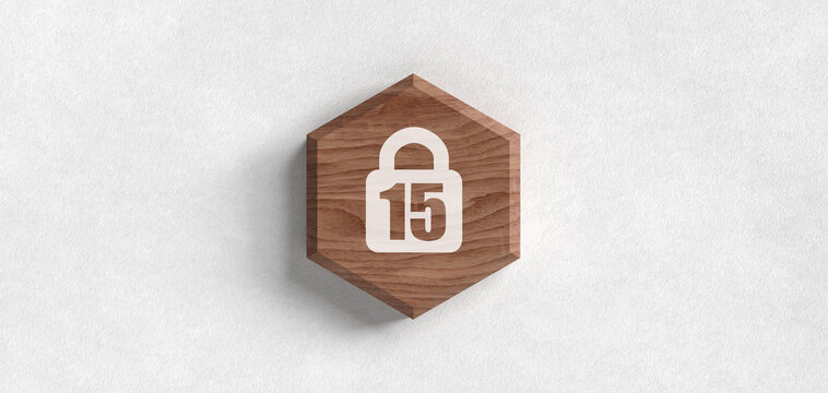 3D Render of a wooden hexagonal icon with a padlock symbol and the number 15, representing age restriction, parental control, or security limit on a white background