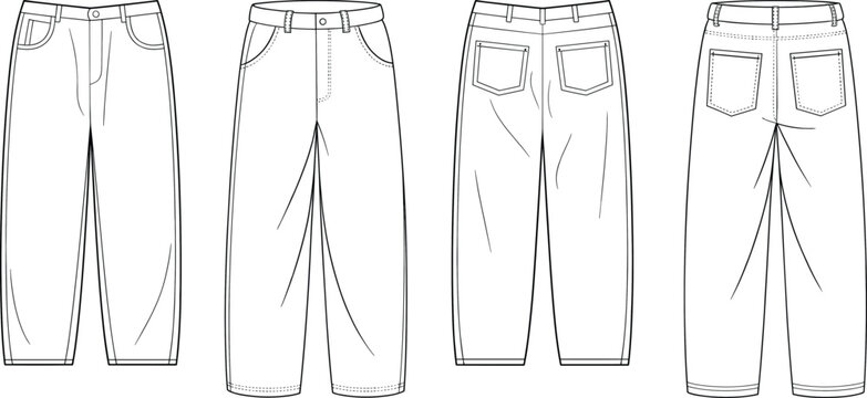 Classic straight leg jeans technical drawing set, high waist denim pants with pocket details, front and back views &ndash; vector illustration