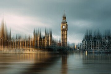 Obraz premium Iconic clock tower and building facade with watery reflection.