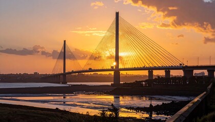 Fototapeta premium A majestic suspension bridge stretches across the water. The sunset bathes the scene in warm orange tones, with fluffy clouds