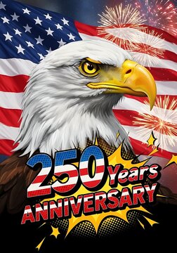 American bald eagle with fireworks and usa flag for 250 years anniversary celebration