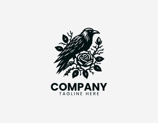 Naklejka premium Raven perched on thorny branch with rose in detailed elegant black vector logo design on white background