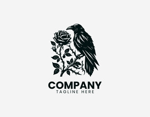 Naklejka premium Raven perched on thorny branch with rose in detailed elegant black vector logo design on white background