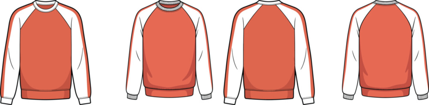 Athletic raglan sleeve crewneck sweatshirt technical drawing, long sleeve pullover with ribbed trims, front and back views &ndash; vector illustration