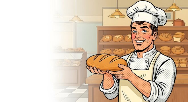 Baker holding freshly baked loaf of bread in bakery. Cartoon style illustration of man wearing chef hat and apron. Traditional pastry store interior background with white copy space.