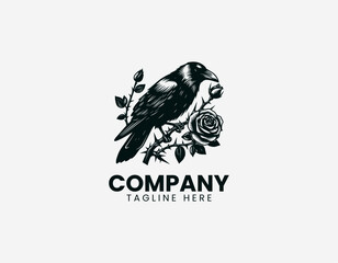 Naklejka premium Raven perched on thorny branch with rose in detailed elegant black vector logo design on white background