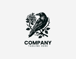 Naklejka premium Raven perched on thorny branch with rose in detailed elegant black vector logo design on white background