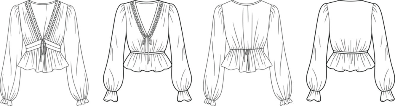 Bohemian peplum blouse technical drawing set, front and back views, long puff sleeves, lace trim detail, fashion apparel template &ndash; vector illustration