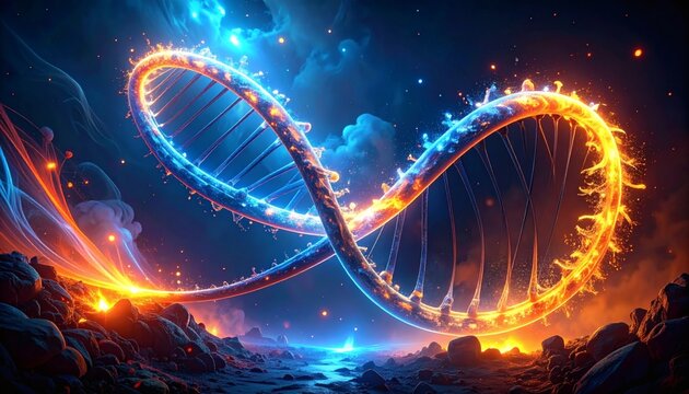 Artistic Representation of DNA Double Helix with Elemental Fire and Water
