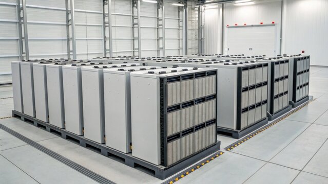 Battery storage units in modern facility, showcasing modular design and efficient energy management