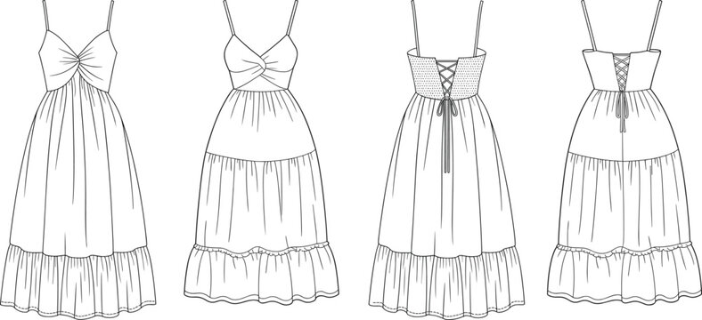 Boho style tiered maxi dress technical drawing set, front views, ruched bodice and lace-up back details, flowing skirt template &ndash; vector illustration