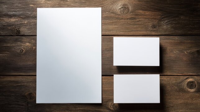 Top view of blank stationery mockup on dark wooden background