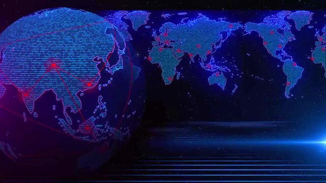 Global digital network connecting the world map with binary code data and cybersecurity icons on a dark background.
