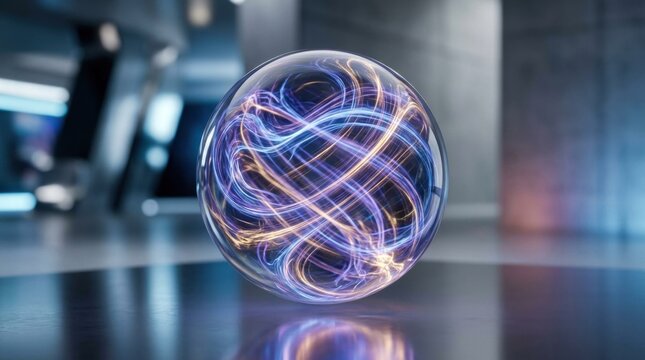 A glowing, transparent sphere with colorful, swirling patterns inside, placed on a reflective surface in a modern, industrial setting.