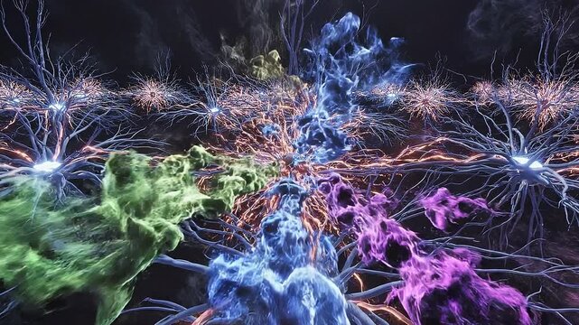 Abstract visualization of vibrant neural pathways in a surreal landscape representing connectivity and information flow