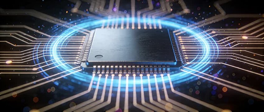 Sci fi futuristic microchip processor chip circuit technology innovation concept digital hardware core data flow cyberpunk neon glow blue light energy ring electronic motherboard high tech cyberpunk