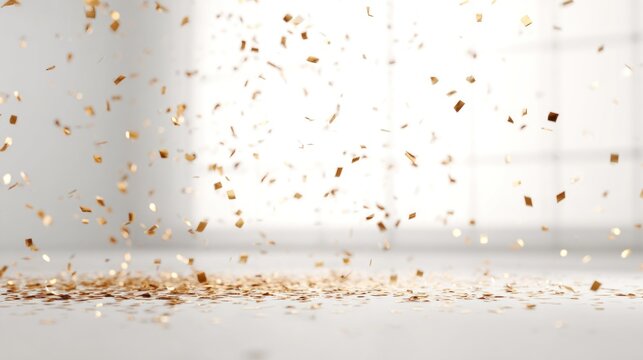 A close-up view of shimmering gold confetti falling gently onto a light surface, creating a festive and celebratory atmosphere.