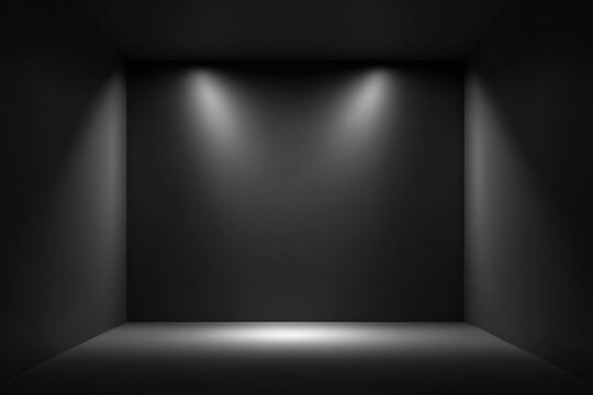 A minimalistic dark room with three spotlights illuminating the floor, creating a dramatic and empty atmosphere.