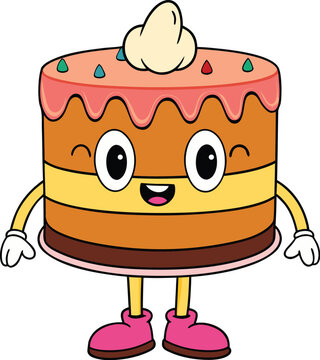 cartoon happy birthday cake character with cheerful face and sprinkles