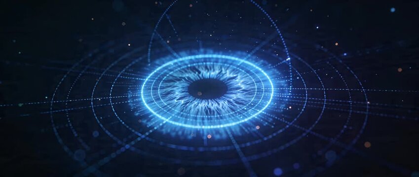 Sci fi digital eye hologram glowing blue circle futuristic vision cyber technology abstract background innovation energy light motion data wave field fantasy thrill