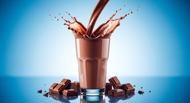Chocolate milk splashing into a glass with chocolate chunks on a blue background creating a delicious and refreshing drink