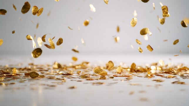 A shimmering display of golden confetti falling against a neutral background, creating a festive and celebratory atmosphere.