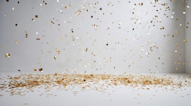 A cascade of shimmering gold confetti falls against a plain background, creating a festive and celebratory atmosphere.