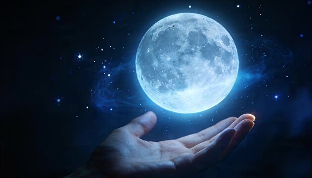 Sci fi surreal moonlight fantasy hand in night sky with magic glow dream space atmosphere gentle wonder and celestial energy power imagination mystic art concept