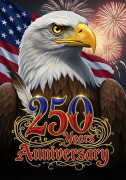 American bald eagle with fireworks and 250 years anniversary text on usa flag background