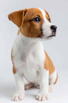 A cute puppy with a brown and white coat sits gracefully, showcasing its expressive eyes and playful demeanor against a neutral background.