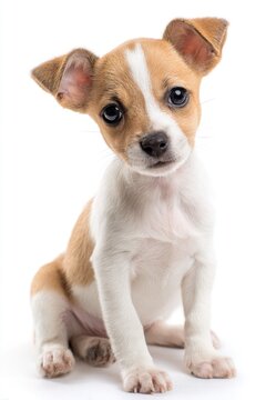 A cute, small puppy with a brown and white coat, sitting upright and gazing curiously at the camera against a white background.
