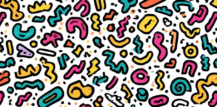 A vibrant, abstract pattern featuring colorful, playful shapes and lines on a white background.