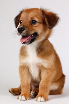 A playful puppy with a golden-brown coat, sitting attentively and showing a happy expression, perfect for pet lovers and animal enthusiasts.