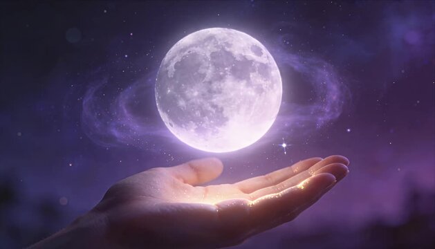 Sci fi fantasy moon levitation above human hand night sky magic glow celestial dream surreal art concept hope wonder moonlight floating hand cosmic fantasy dreamy night sky purple glow mystical