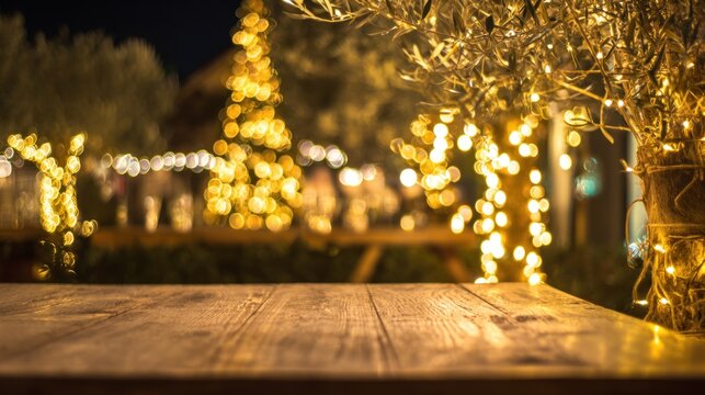 A beautifully lit outdoor scene featuring a wooden table, twinkling lights, and a Christmas tree, creating a warm and inviting atmosphere for gatherings.