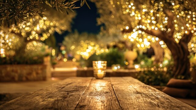 A serene outdoor scene featuring a wooden table illuminated by soft lights from surrounding olive trees at night.