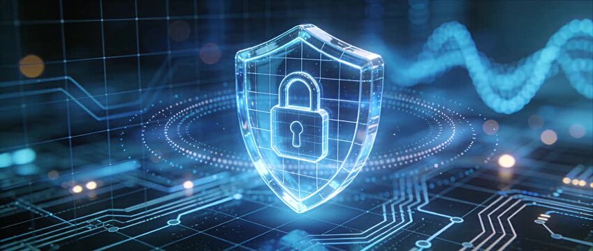 Cybersecurity digital shield data protection sci fi network security glow encryption secure lock technology future virtual cyber defense futuristic concept data safety protection over abstract