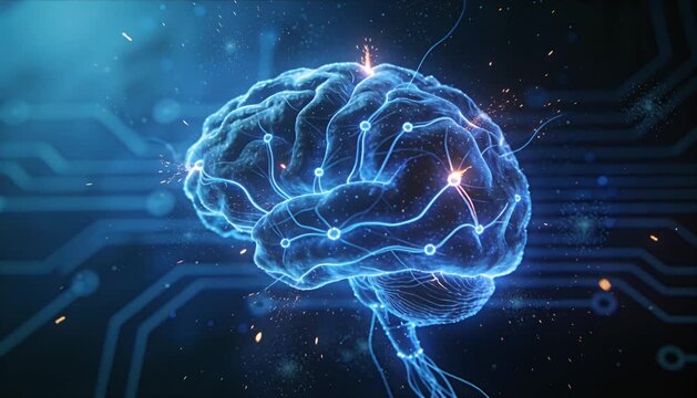 Sci fi digital brain glowing neural network connection artificial intelligence energy light spark circuit futuristic cyber concept innovation thinking blue glow neural circuit connection futuristic