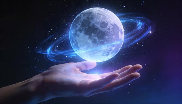 Sci fi fantasy moon galaxy planet universe hand magic glow dreamlike surreal night blue light energy wonder imagination future celestial art vision orbit sphere cosmic dream sci fi magic moonlight