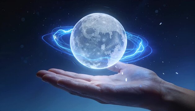 Sci fi fantasy moon magic hand energy glow blue light power orb levitation surreal night sky cosmic wonder imagination futuristic sphere hologram universe dream concept