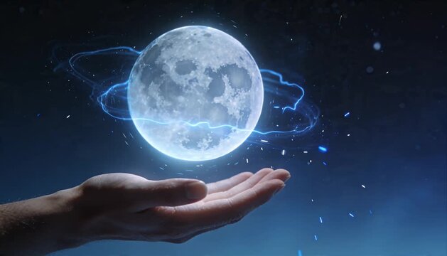 Sci fi moon magic energy hand glow fantasy night sky light orb power surreal wonder imagination mystical dream cosmic scene with floating sphere above open human hand electric blue aura spark