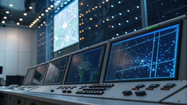 Control room with digital screens displaying satellite tracking data and digital grid interface