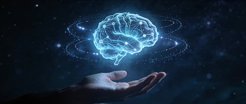 Sci fi artificial intelligence digital brain virtual reality glowing neural network hologram innovation technology future concept imagination levitating over open human hand in dark background