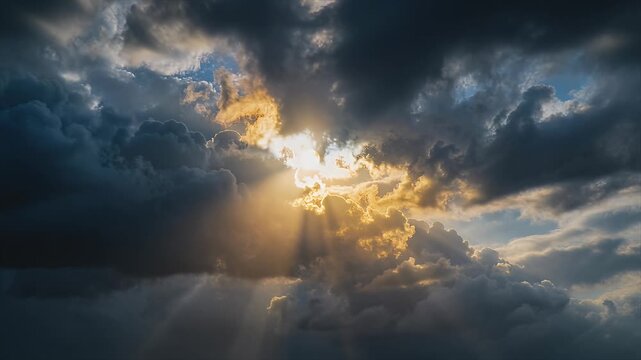 sunbeams through dramatic clouds in golden sky