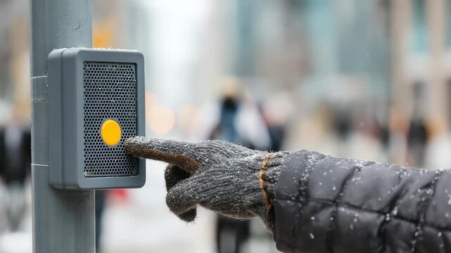 A person wearing warm gloves presses a yellow pedestrian crossing button on a snowy winter day in the city. Urban street life continues despite cold weather conditions